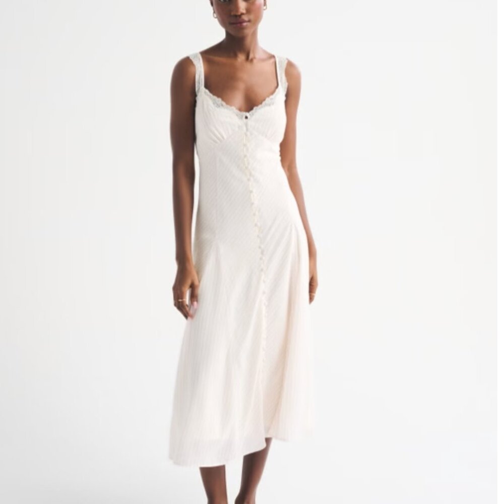 Brand New Tags Still On Abercrombie Lace-Trim Button-Down Midi Dress Size Medium